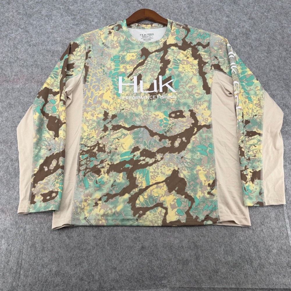 Huk Performance Fishing Shirt Mens Large Long Sleeve Kryptek Obskura Camo Green